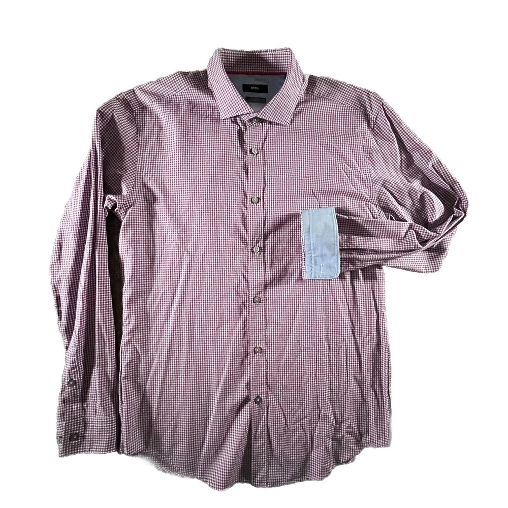 Hugo Boss Button Up Shirt Mens XL Red Blue Gingham Check Slim Fit Long Sleeve
